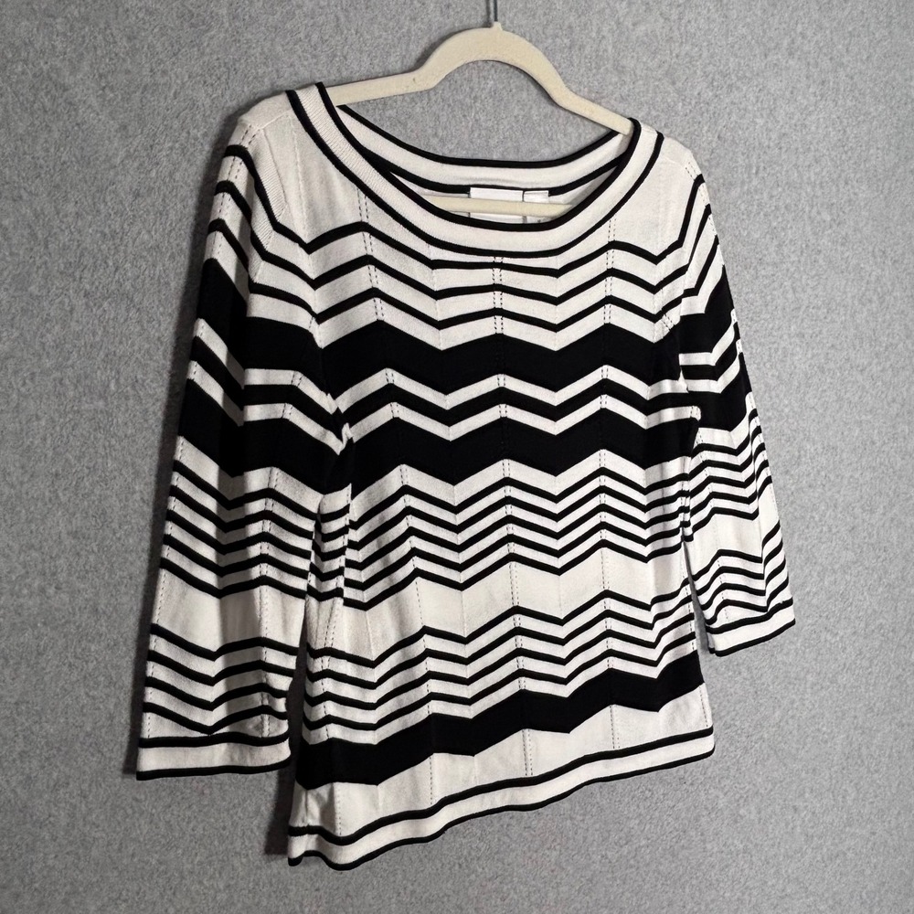 Liz Claiborne Crochet Sweater Medium Black White Chevron Zigzag Knit Cotton
